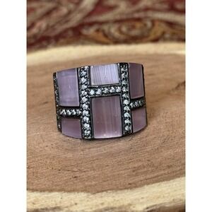 Pink Geometric Wide Band  W/ Rectangular Cabochon Pink & Clear Crystals 7 As Is